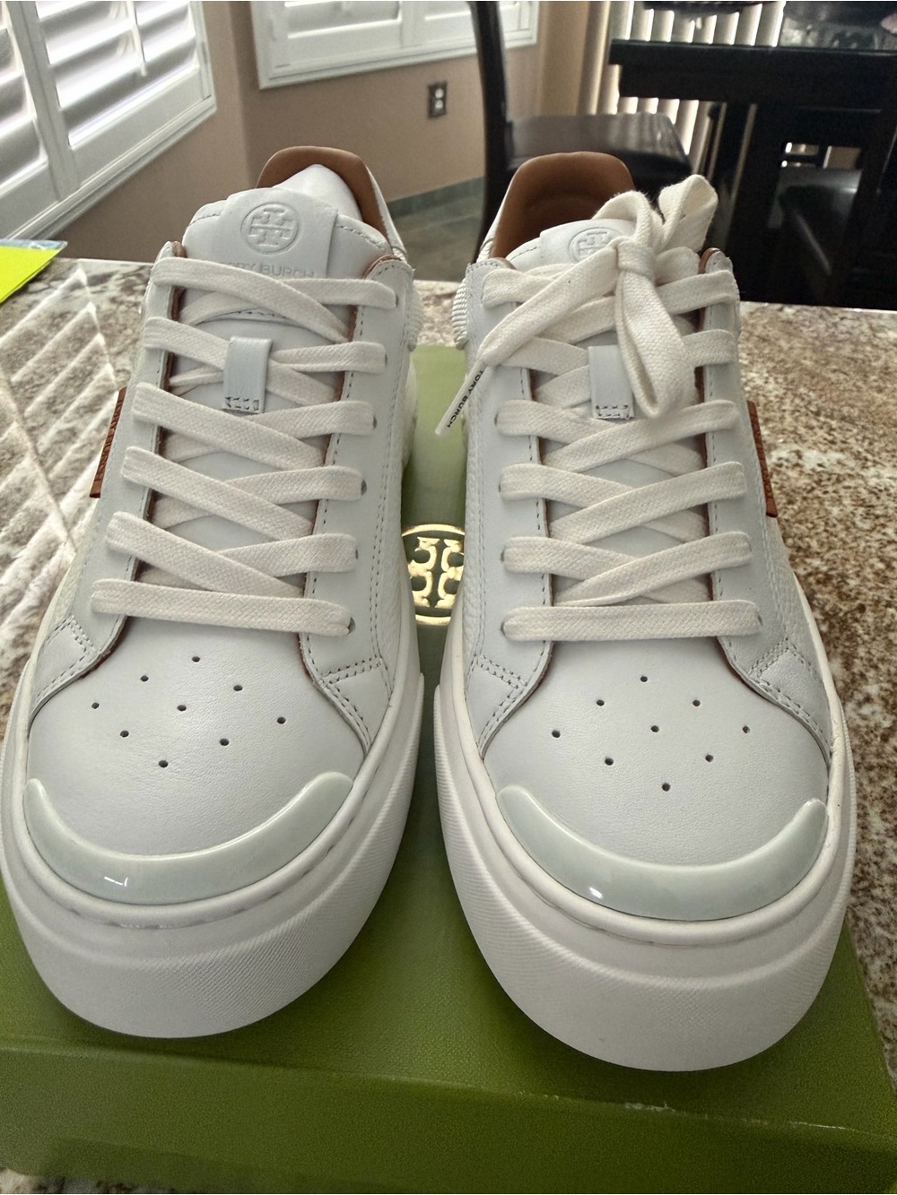 Tory Burch White Leather Platform Ladybug Sneakers with Tan Accents - Picture 4 of 6